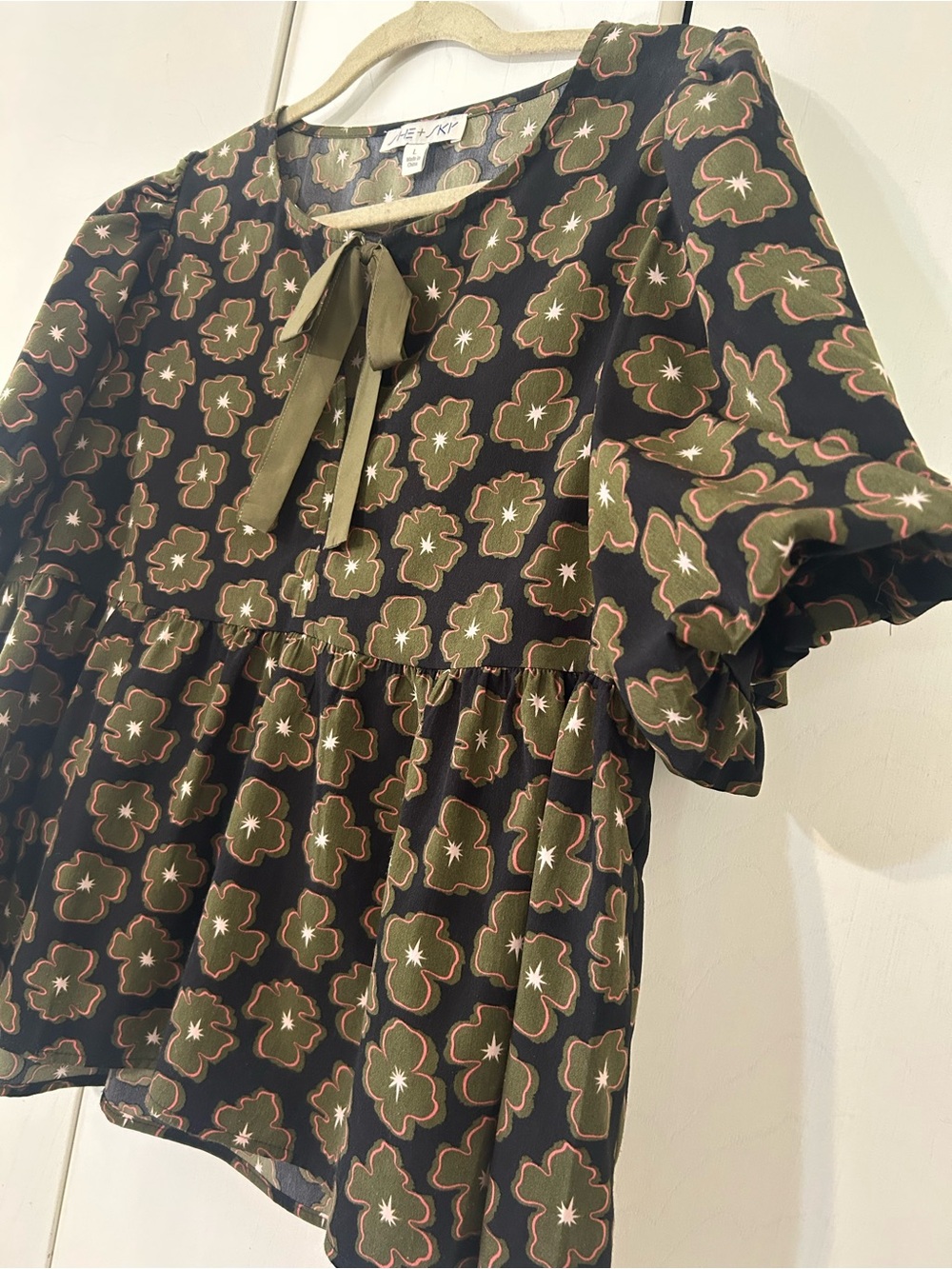 She + Sky Olive and Black Floral Tie-Neck Peplum Blouse